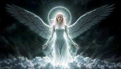 An angelic feminine figure with angel wings standing in a cloudy sky with a halo of light around her head and body