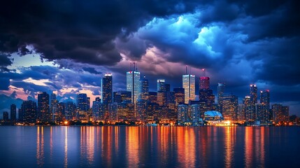 Fototapeta premium Dramatic storm clouds loom over a vibrant cityscape with twinkling lights reflected in the water.