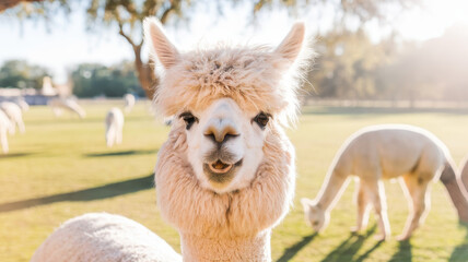 Obraz premium A playful white alpaca stands front and center in a sunlit pasture, surrounded by other grazing alpacas, showcasing its vibrant, fluffy coat.