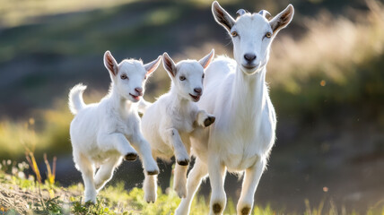 Fototapeta premium A joyful scene of a mother goat and her two playful kids leaping through a sunlit meadow, capturing the essence of spring and familial bonds.