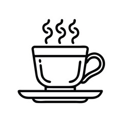 Steaming coffee cup vector illustration in black outline, Minimalistic vector illustration of a steaming coffee cup with a simple black outline, representing a hot beverage like coffee or tea.
