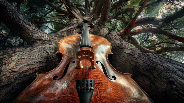 A violin is shown in a tree trunk. Concept of harmony between nature and music, as the violin is surrounded by the natural elements of the tree. The scene evokes a feeling of tranquility