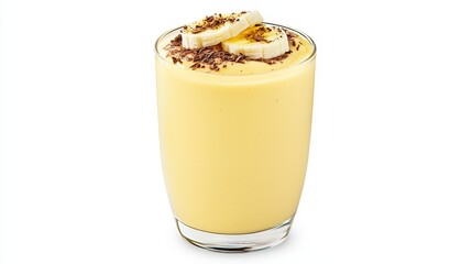 Creamy Banana Smoothie with Chocolate Shavings and Fresh Banana Slices in a Clear Glass on White Background