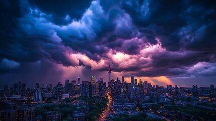 Fototapeta premium A dramatic, stormy sky hangs over a city skyline at night, illuminated by flashes of lightning.