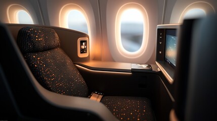 An empty airplane seat with a window and a screen.