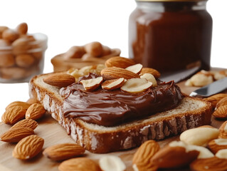 Slice of toast with chocolate spread on a wooden cutting board surrounded by nuts. PNG transparent.