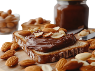 Slice of toast with chocolate spread on a wooden cutting board surrounded by nuts. PNG transparent.