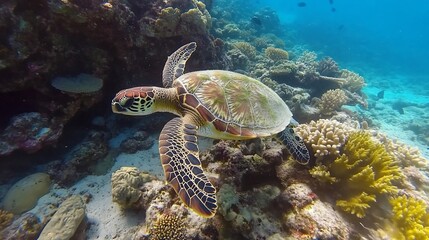 Obraz premium A green sea turtle swims past vibrant coral in clear blue water.