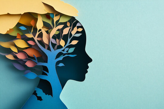 Positive thinking, good Mental health. Paper cut illustration with human silhouette and space for text. Cut out composition with woman and colorful branches of tree on head in blue backdrop