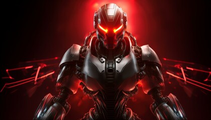 An angry robot with red glowing eyes with a red sci-fi background; a close up view of a big and grungy robotic android with glowing red eyes; science fiction and futuristic robot; robot and robotic