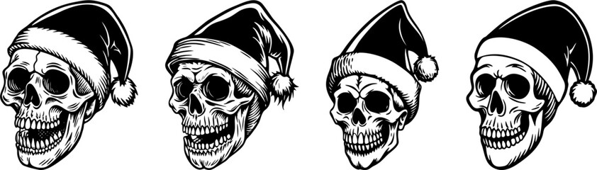 set of skull with santa claus hats vector illustration