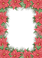 Festive Watercolor Frame with Red Poinsettias and Pine Branches – Christmas Floral Border