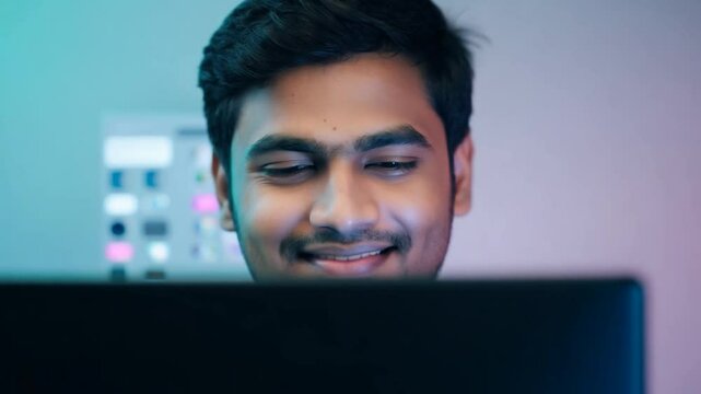 Young indian man smiling while working as a designer in front of his computer. Engaging with digital tools, he showcases a cheerful and confident demeanor in a professional setting