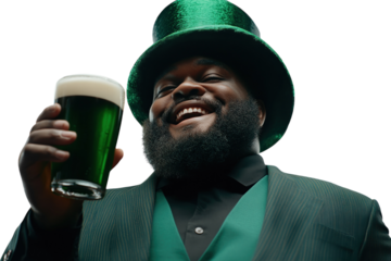 Man dressed in green, holding a pint of green beer, celebrating St. Patrick's Day on a plain white background. PNG transparent.