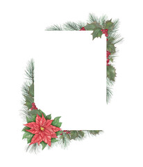 Vertical Watercolor Christmas Frame with Red Poinsettia, Holly, and Pine – Holiday Botanical Border