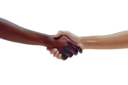 Handshake between two people with different skin tones, on a plain white background. PNG transparent. - Powered by Adobe