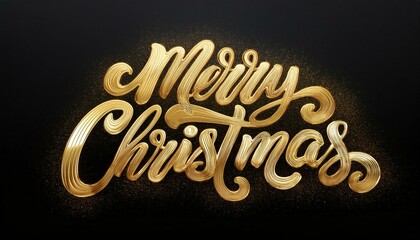 Naklejka premium Merry Christmas cursive text in gold texture and finishing; golden cursive text with Merry Christmas written on a dark background; 3D golden text saying Merry Christmas; text and font; holiday season