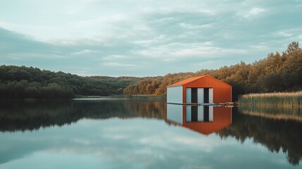 Obraz premium A red boathouse sits on a still lake with its reflection mirrored in the water.