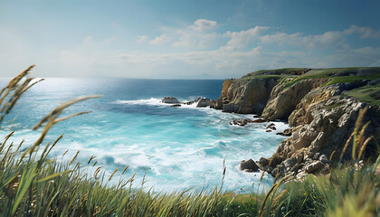 Serene Coastal Scene with Turquoise Waves and Rugged Cliffs