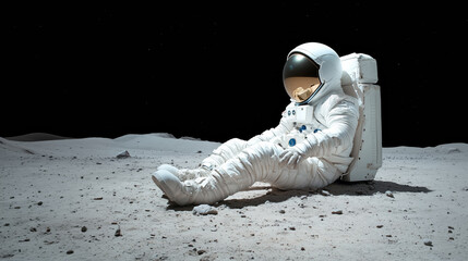 An astronaut resting on the lunar surface during a historic moon mission at night