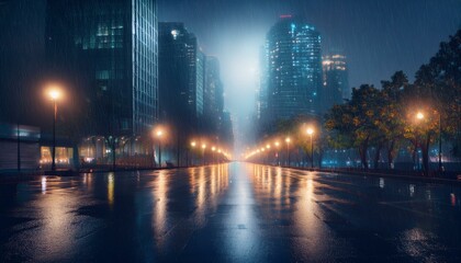 Obraz premium A rainy scene of a metropolis city; raining in a big city during night time; rainy night cityscape with street lights and skyscrapers; night photography; graphic resources; graphic elements