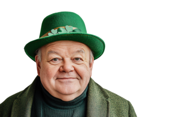 Elderly man with a green hat and shamrock, on a plain white background. PNG transparent.