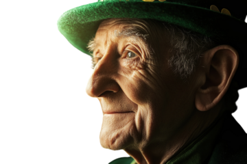Elderly man with a green hat and shamrock, on a plain white background. PNG transparent.