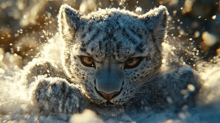 A snow leopard cub with bright yellow eyes looks directly at the camera, surrounded by snow and sunlight.
