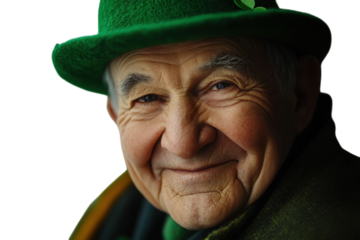 Elderly man with a green hat and shamrock, on a plain white background. PNG transparent.