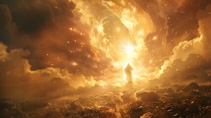 Obraz premium A glowing Jesus, his figure enveloped in divine light, resisting Satan’s illusions of opulent kingdoms and treasures suspended in mid-air,