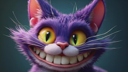 A striking image of the Cheshire Cat from Alice in Wonderland, with its iconic wide grin and vibrant blue fur glowing against a dark background.