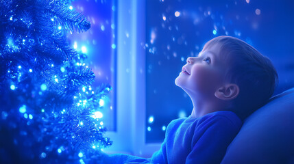 Fototapeta premium A young boy admires a beautifully lit Christmas tree while snow falls gently outside at night
