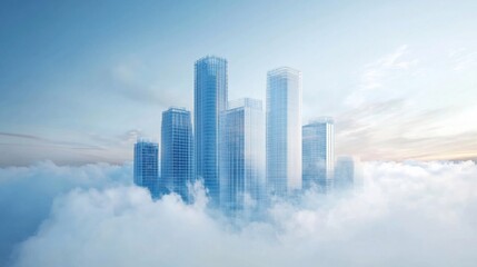 Fototapeta premium A cluster of modern skyscrapers rise above a sea of clouds, showcasing a futuristic and ambitious city design.