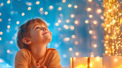 Fototapeta premium Young child gazing thoughtfully at enchanting holiday lights indoors during winter evening
