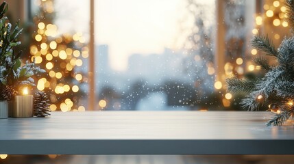 Empty white wold table top with abstract warm living room decor with christmas tree string light blur background with snow,Holiday backdrop,Mock up banner for display of advertise