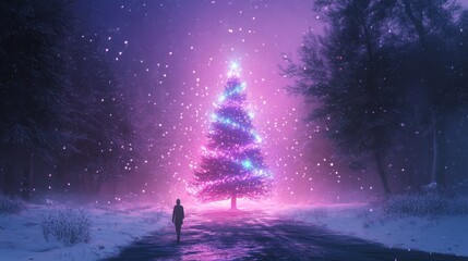 New Year's Eve under the purple sky, a huge Christmas cyberpunk tree with cyber neon lights, forest covered with snow. Generative AI futuristic Illustration. Winter holiday landscape.