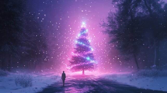 New Year's Eve under the purple sky, a huge Christmas cyberpunk tree with cyber neon lights, forest covered with snow. Generative AI futuristic Illustration. Winter holiday landscape. - Powered by Adobe