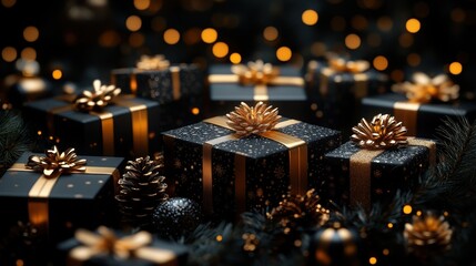 Luxury concept of black and yellow gold gifts and Christmas decorations on a dark background. The gift-giving season begun, there are big discounts, so surprise someone. Elegant New Year's concept.