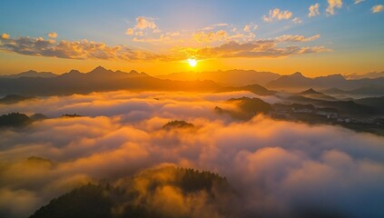 Obraz premium Sunrise Over Misty Mountains in Guilin, China