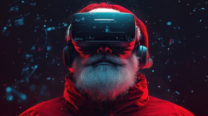 Cyber futuristic modern Santa in red suit with VR glasses. Virtual reality, pop art, contemporary design. Generative AI. Christmas portrait. Santa received an expensive technological gift