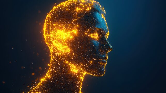 Futuristic polygonal 3d man made of glowing yellow linear polygons on dark blue background. Abstract illustration for online business, it, network, support, healthy, medicine, services app concept.