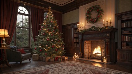 A cozy living room with a Christmas tree and a fireplace
