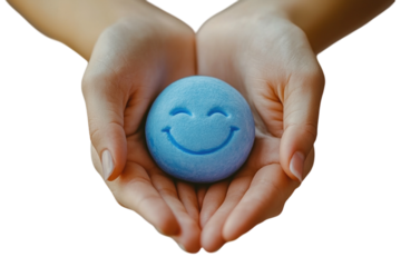 Hands holding a blue smiley face, on a plain white background. PNG transparent.