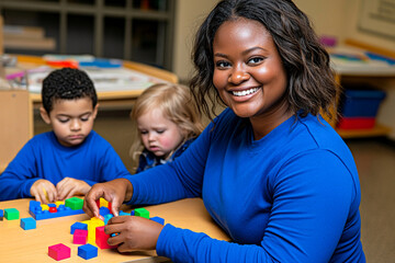 Happy African female teacher in blue sweatshirt helping young children learn and play with colorful blocks in a lively kindergarten class.