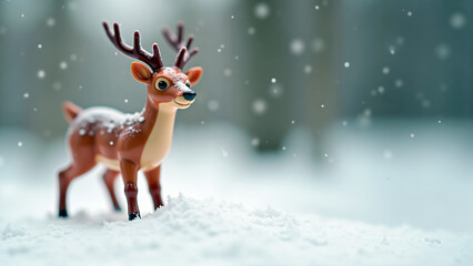 Plastic toy figure of a deer set outdoors with snowy trees in the background symbolizing the spirit of winter. Right copy space.