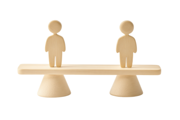 Male and female figurines standing on a balance scale, on a plain white background. PNG transparent.