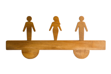 Male and female gender symbols balanced on a wooden plank, on a plain white background. PNG transparent.