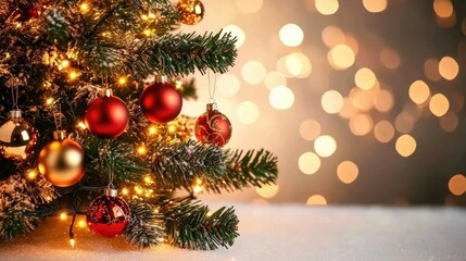 A beautifully decorated Christmas tree with glowing lights and hanging ornaments, set against a soft bokeh background of twinkling lights.