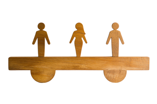 Male and female gender symbols balanced on a wooden plank, on a plain white background. PNG transparent.