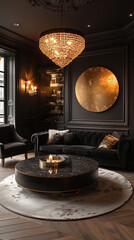 Obraz premium interior black and gold, velvet sofa and large chandelier, round coffee table, vertical